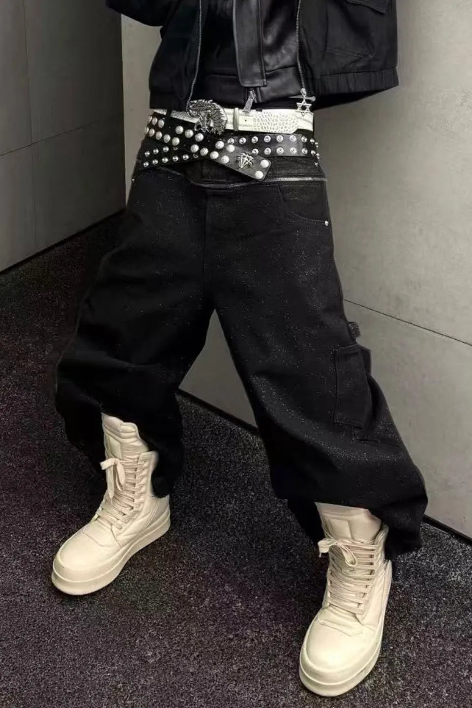 Silver Waxed Damaged Zip Pants