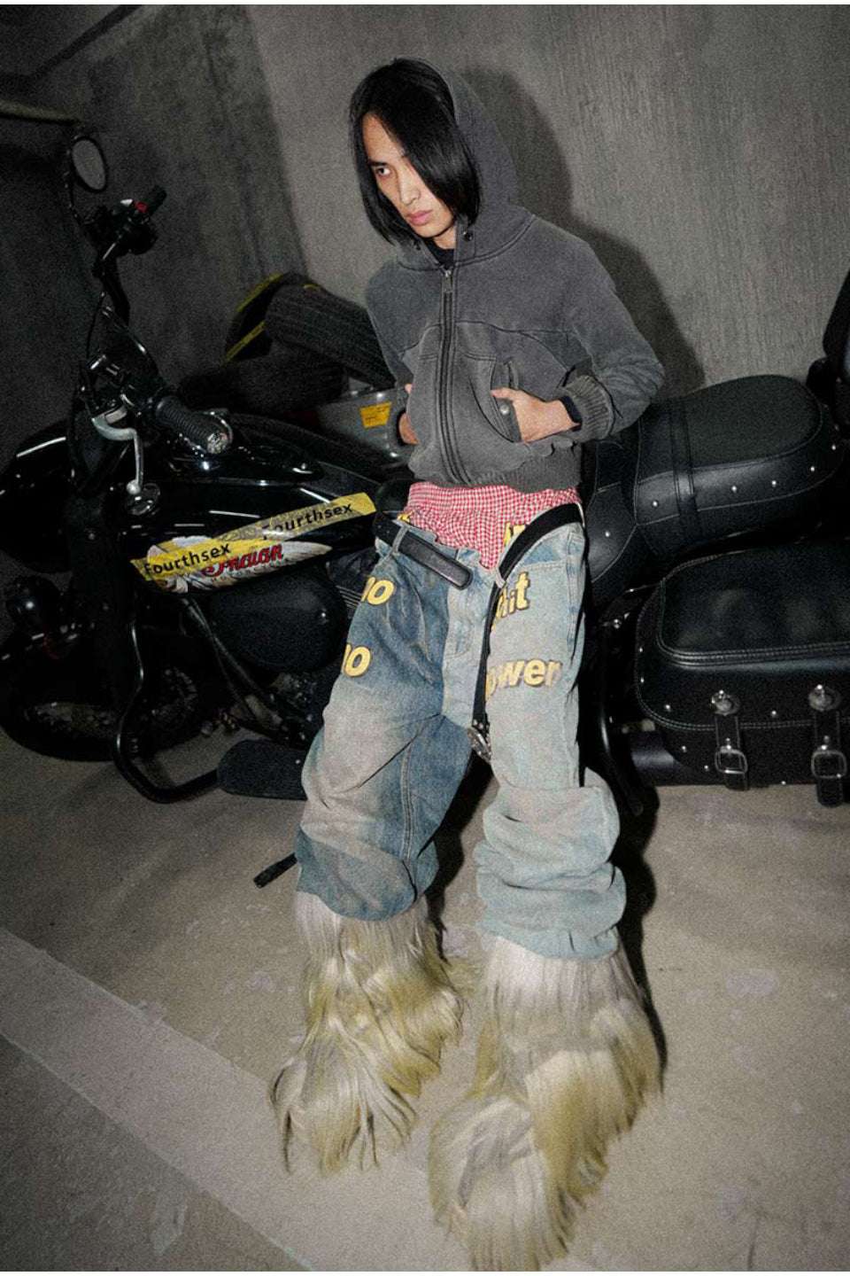 Slogan Patchwork Double Waist Washed Distressed Denim Pants