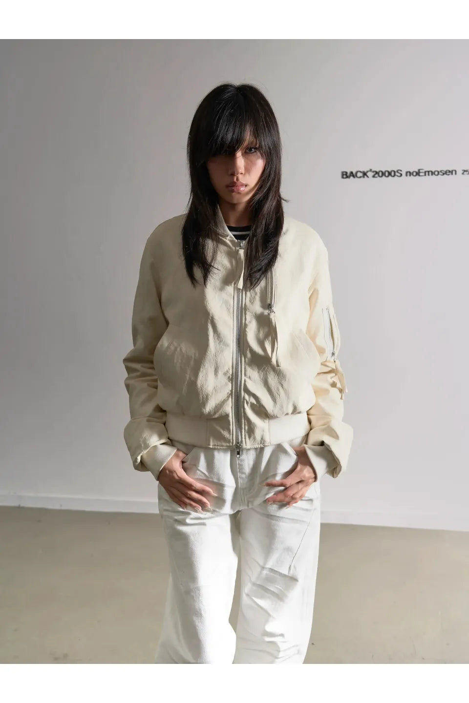 Snow White Rubbed Leather Detachable Fur Short MA-1 Cotton Jacket