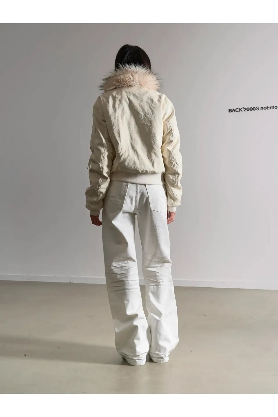 Snow White Rubbed Leather Detachable Fur Short MA-1 Cotton Jacket