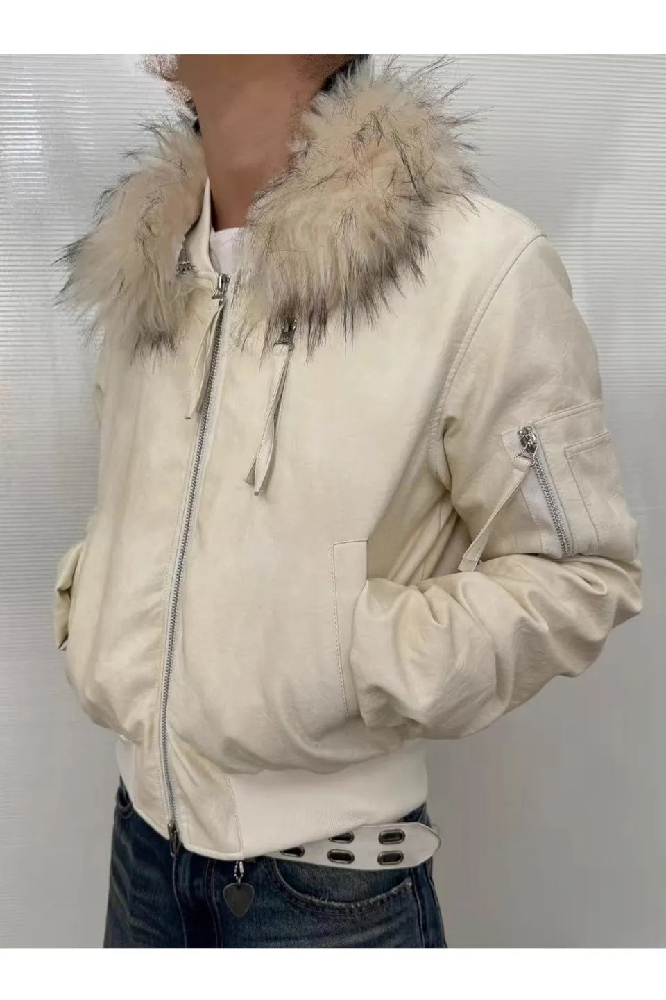 Snow White Rubbed Leather Detachable Fur Short MA-1 Cotton Jacket