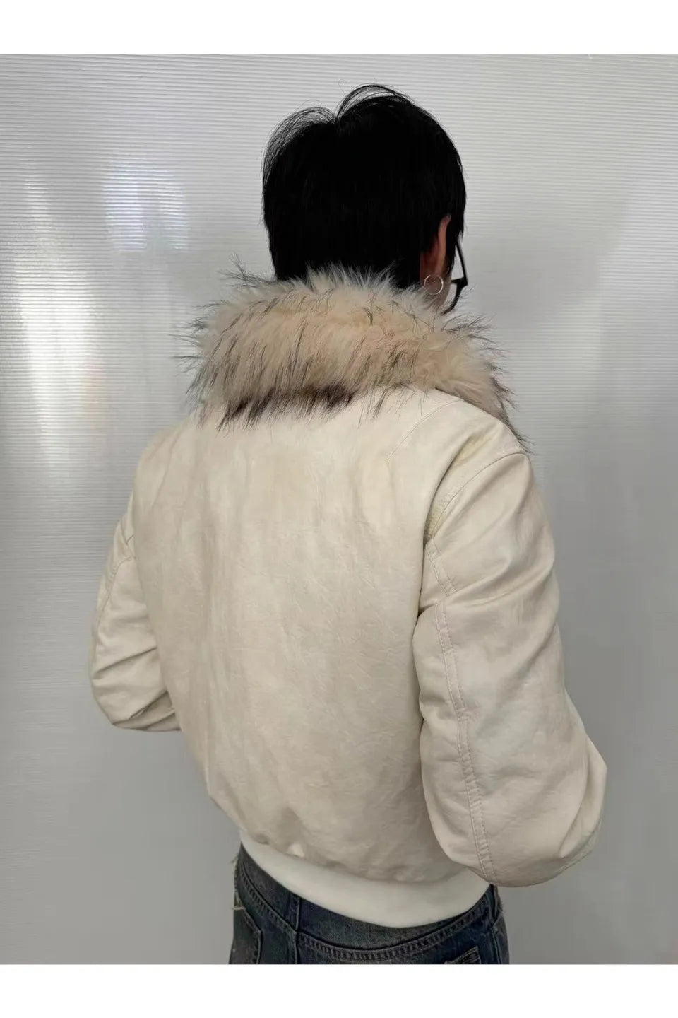 Snow White Rubbed Leather Detachable Fur Short MA-1 Cotton Jacket