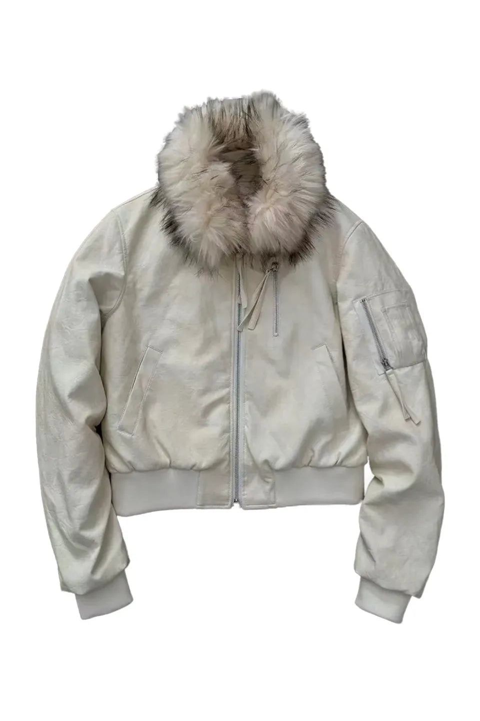 Snow White Rubbed Leather Detachable Fur Short MA-1 Cotton Jacket