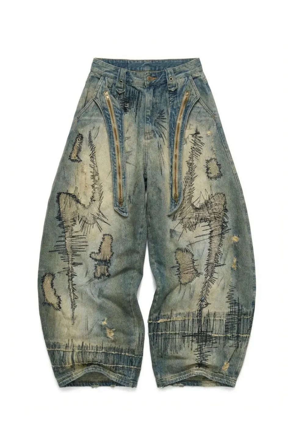 Stain Embroidery Curved Jeans
