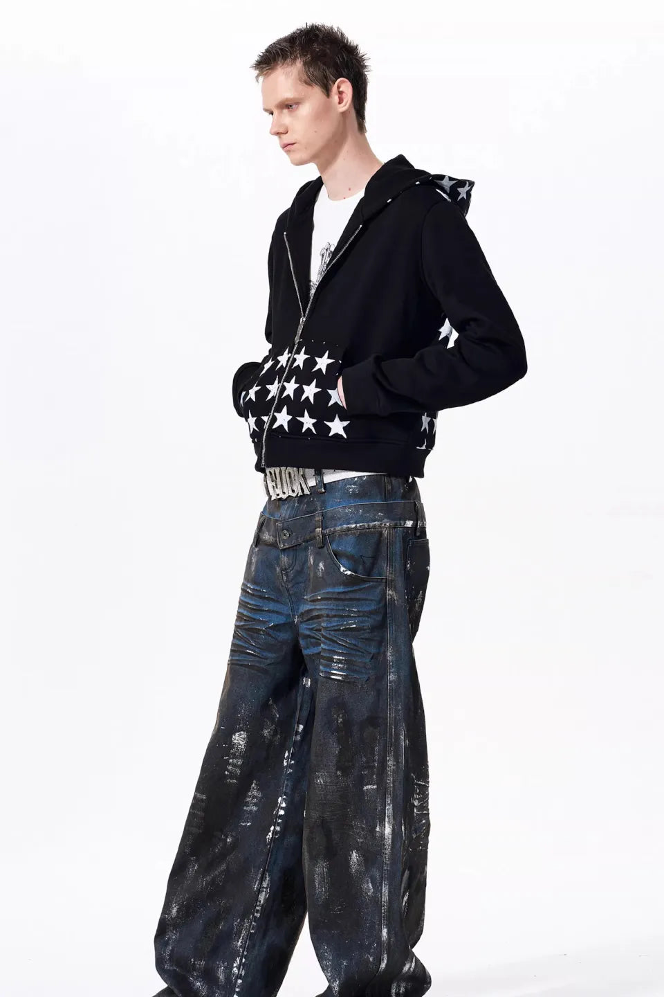Star Print Zip Up Hoodie