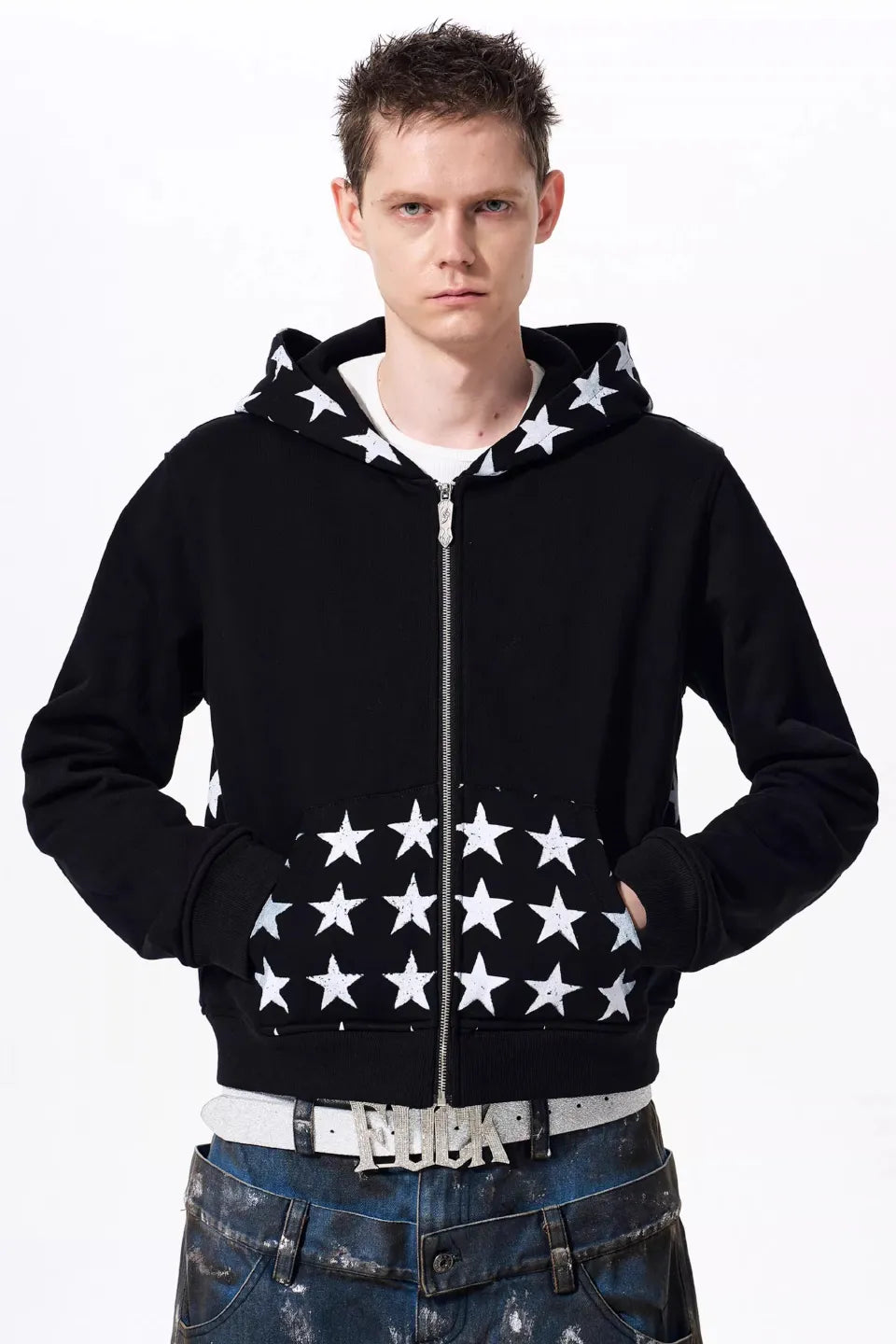 Star Print Zip Up Hoodie