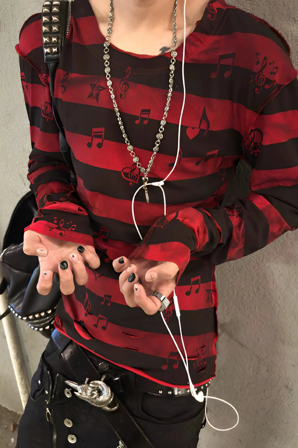 Striped Musical Note Distressed LS Tee