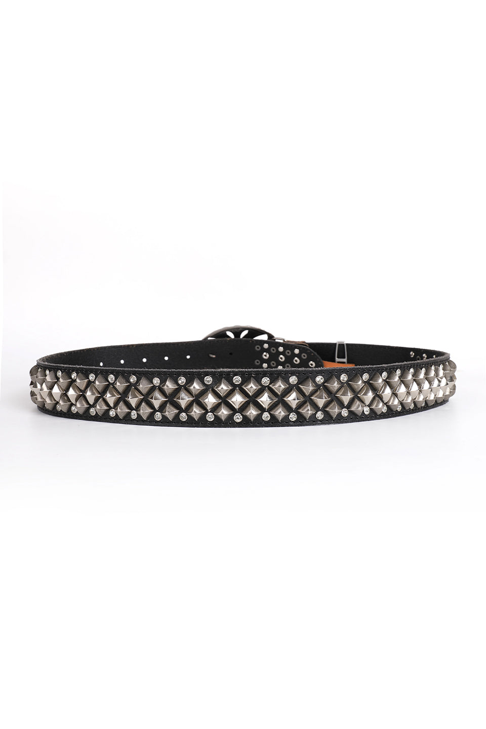 Studded Rhinestone Carved Buckle Leather Belt
