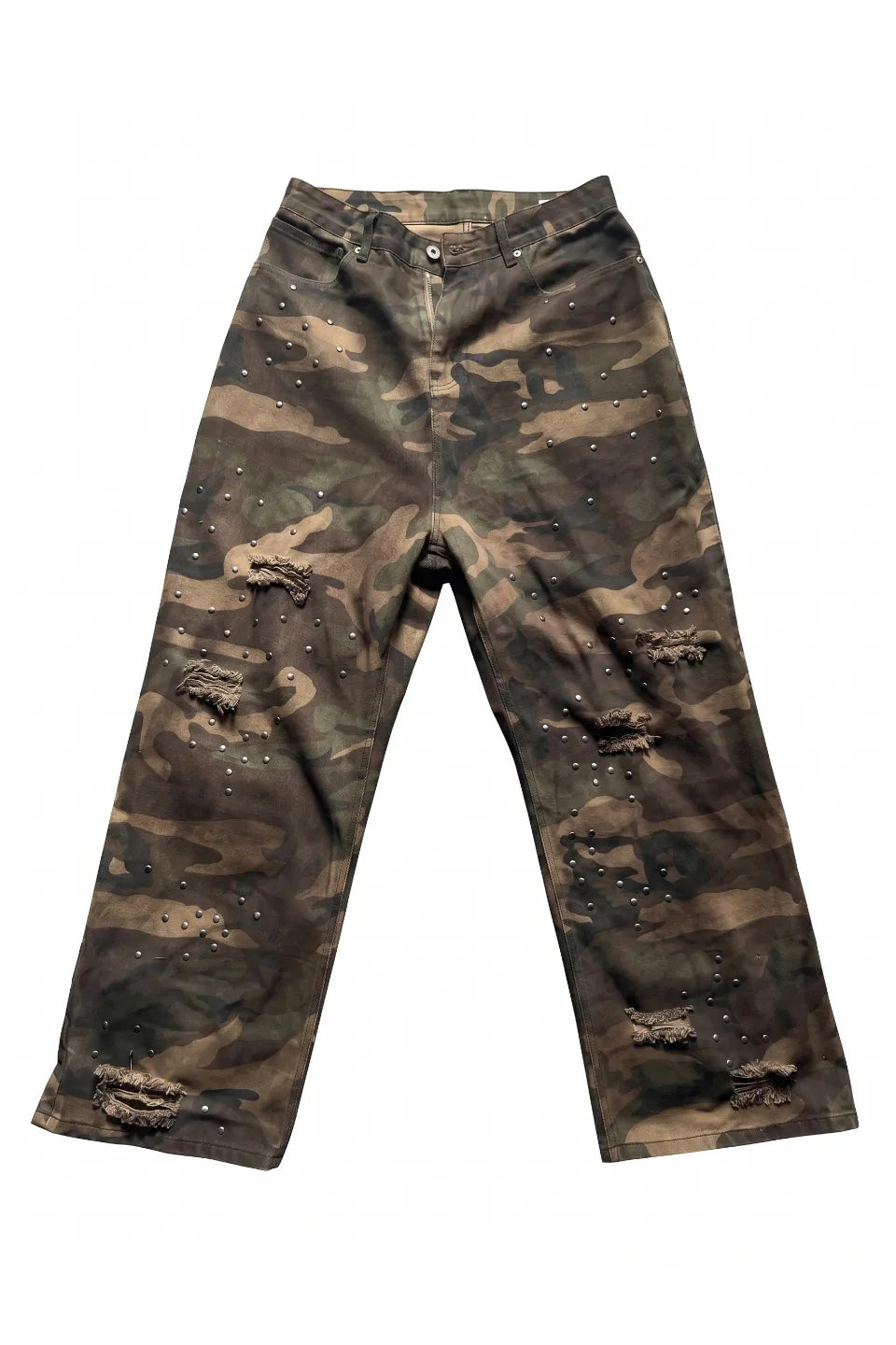 Studded Dirt Sprayed Camo Loose Trousers