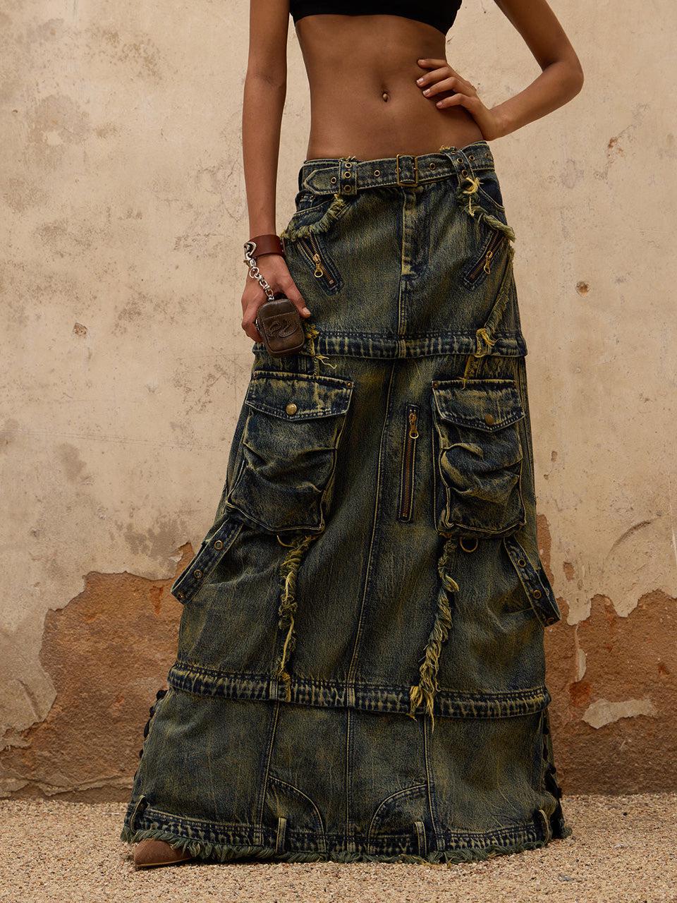 Three Stage Faded Maxi Denim Skirt