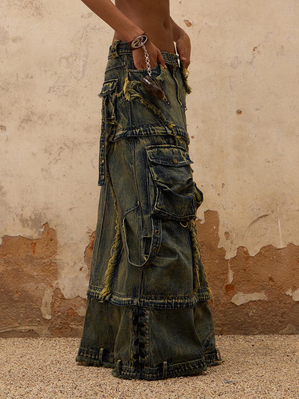 Three Stage Faded Maxi Denim Skirt