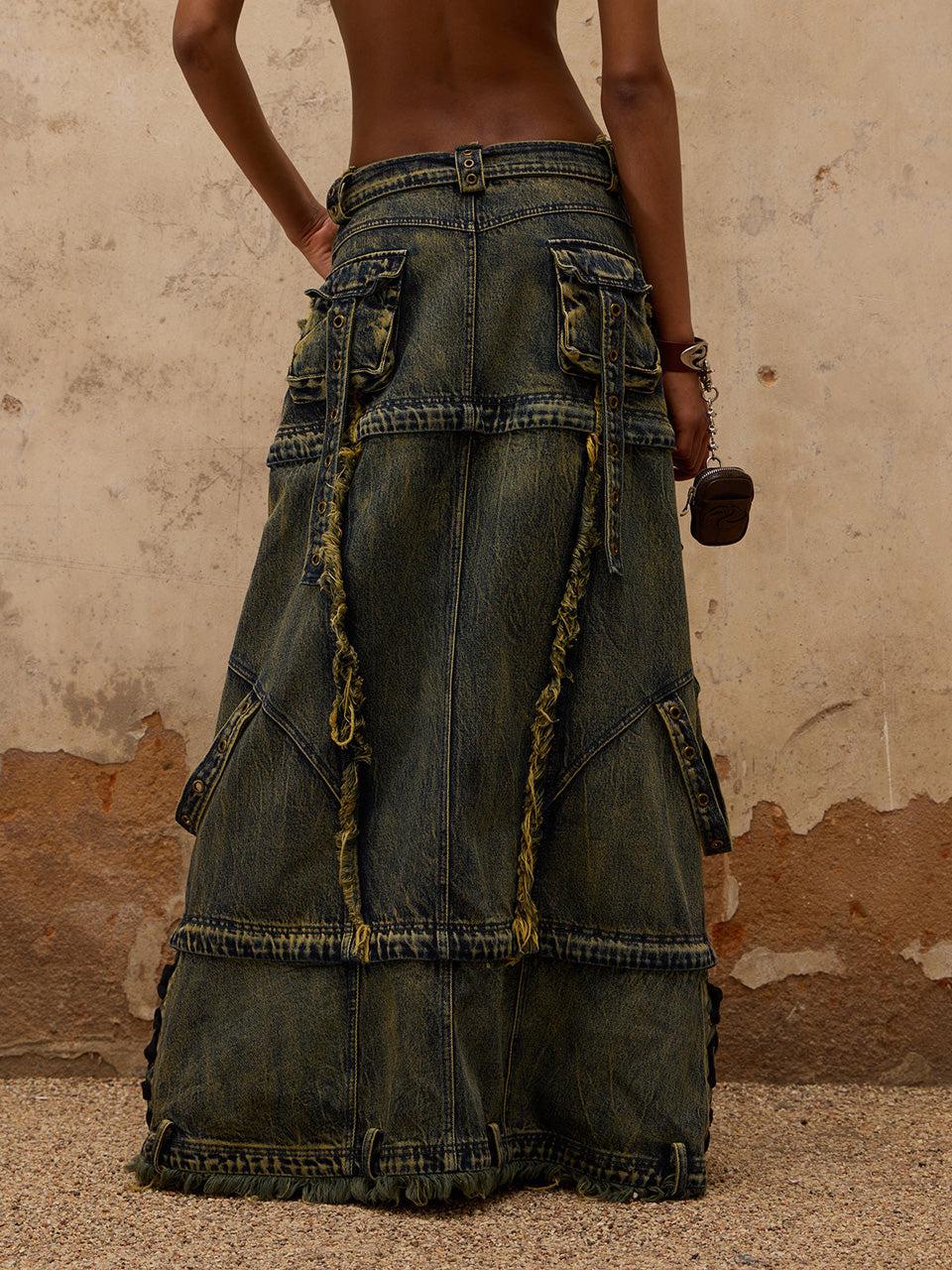 Three Stage Faded Maxi Denim Skirt
