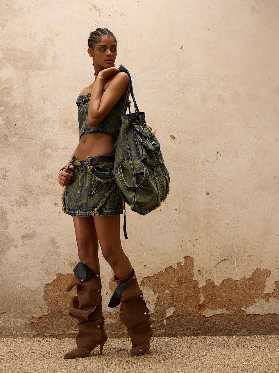 PERSONSOUL(パーソンソウル) - Three Stage Faded Maxi Denim Skirt