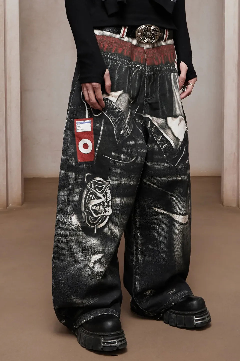 Triple Waist Graphic Wide Leg Denim Pants