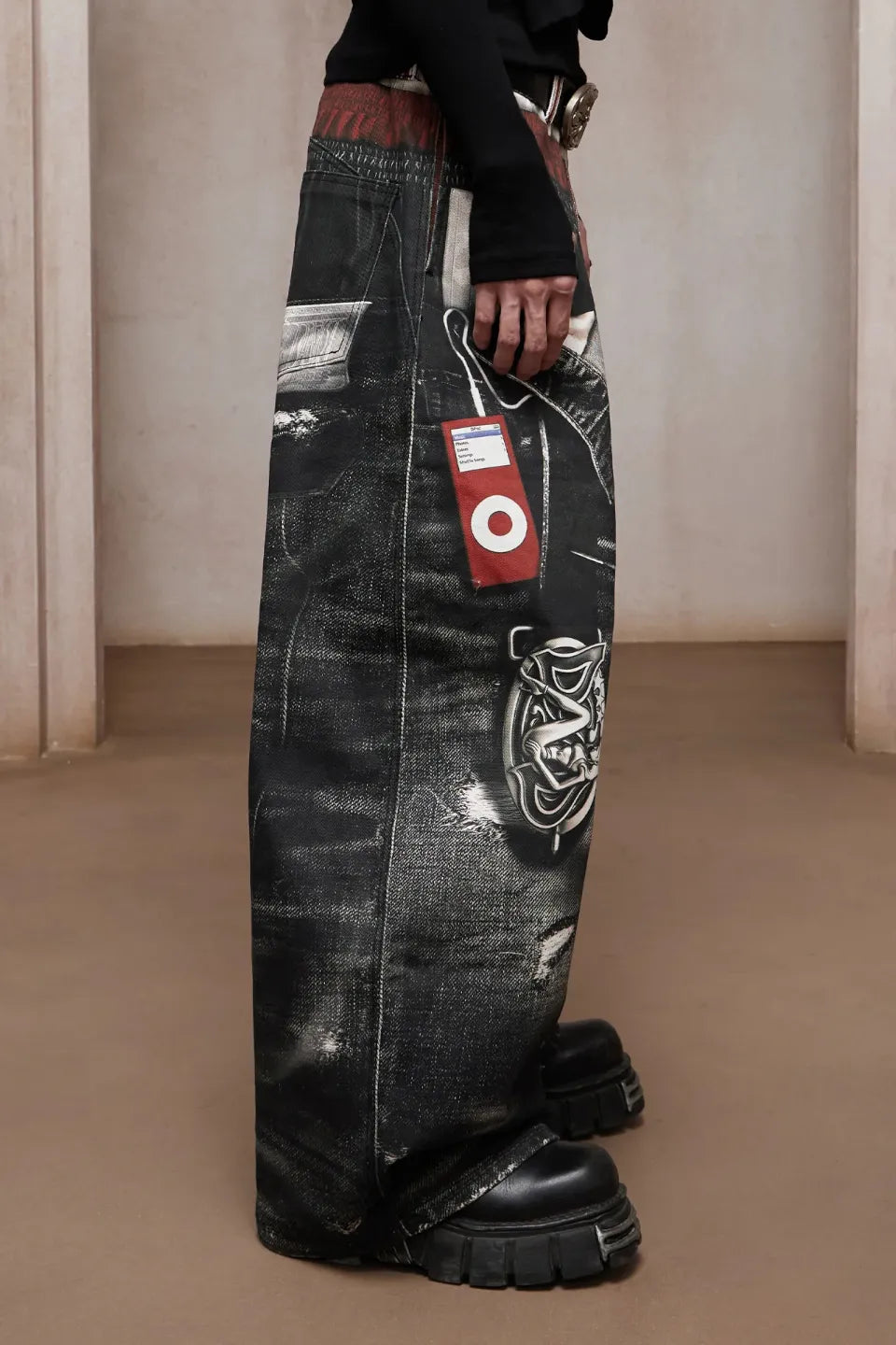 Triple Waist Graphic Wide Leg Denim Pants