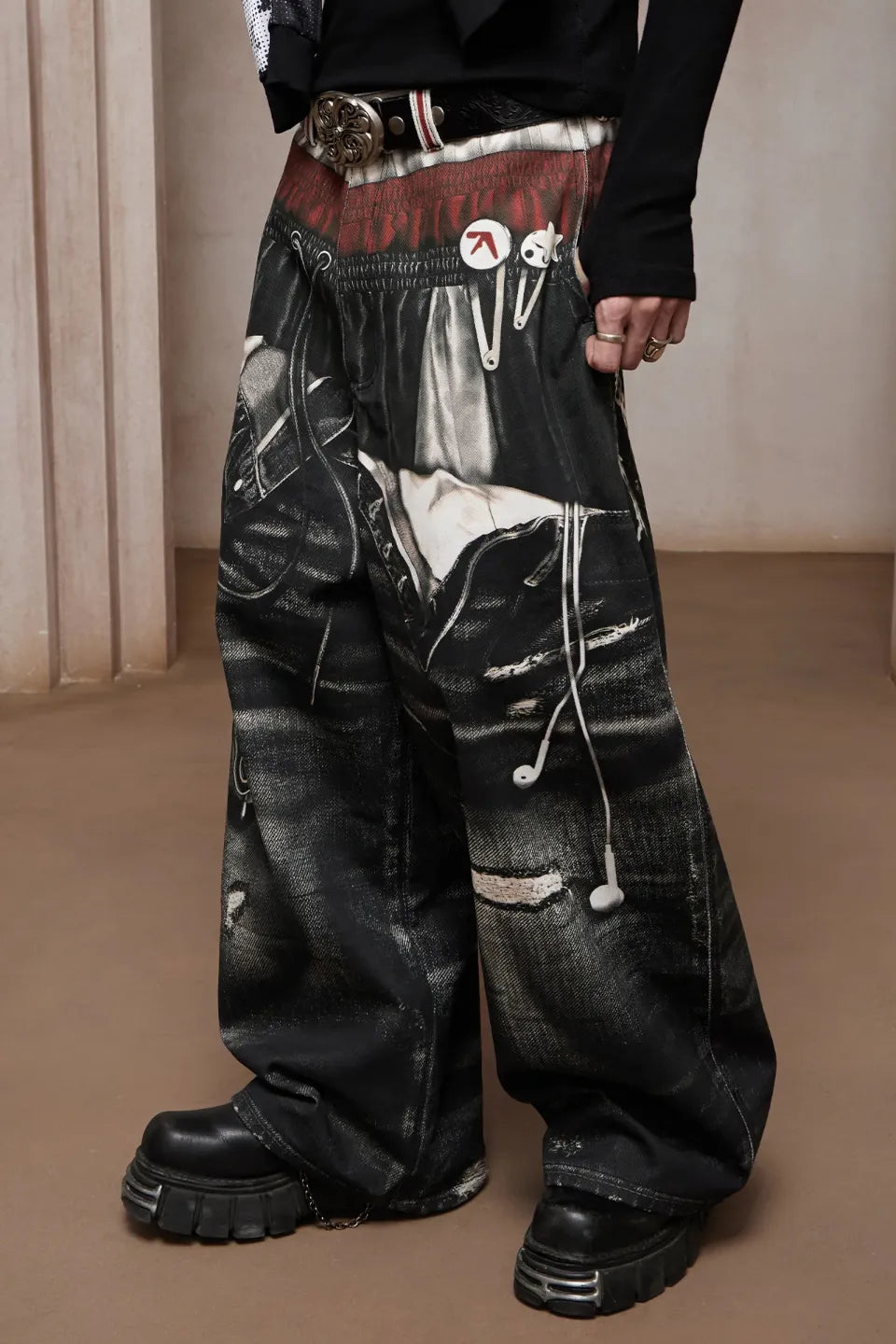 Triple Waist Graphic Wide Leg Denim Pants