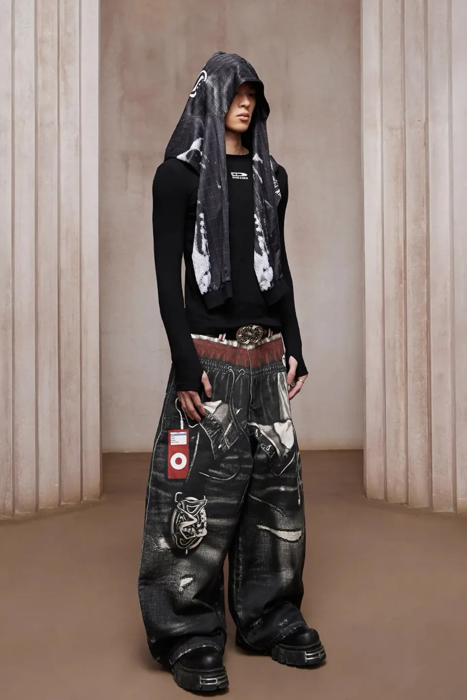 Triple Waist Graphic Wide Leg Denim Pants