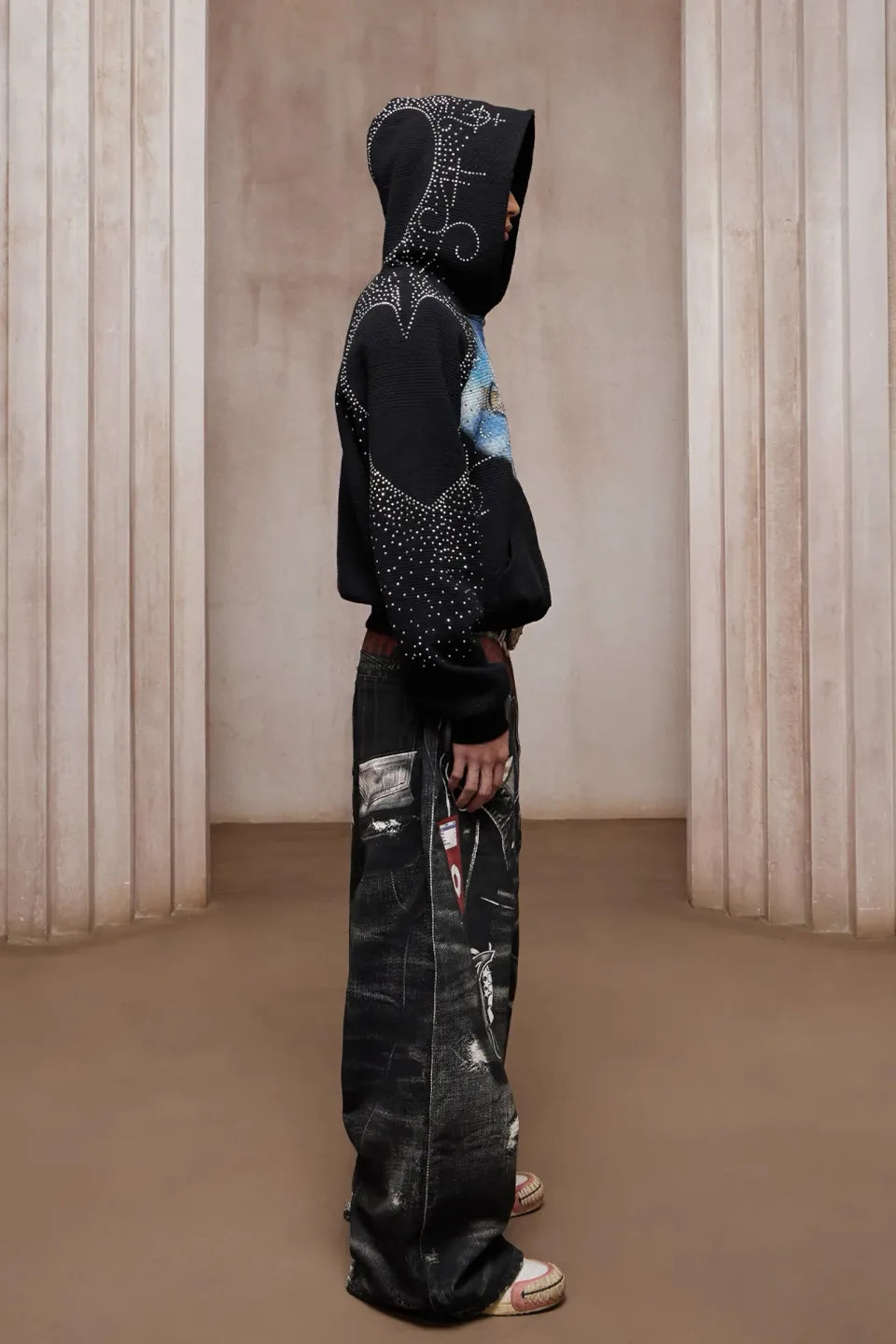 Triple Waist Graphic Wide Leg Denim Pants