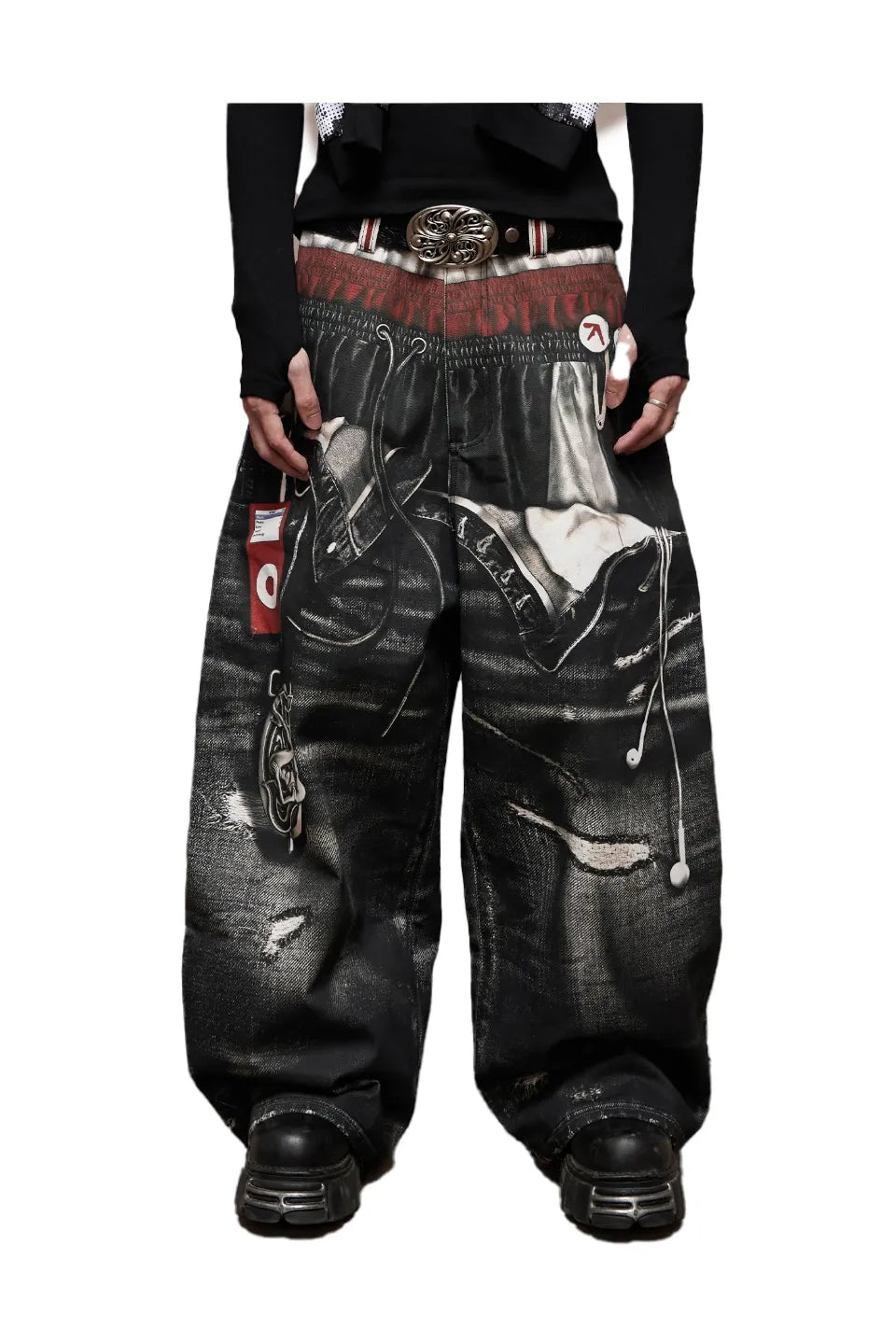 Triple Waist Graphic Wide Leg Denim Pants