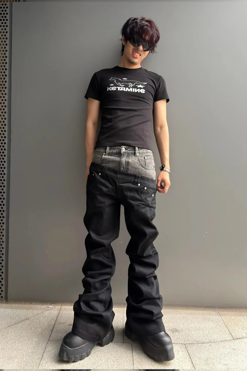 Two Tone Layered Waist Flare Denim