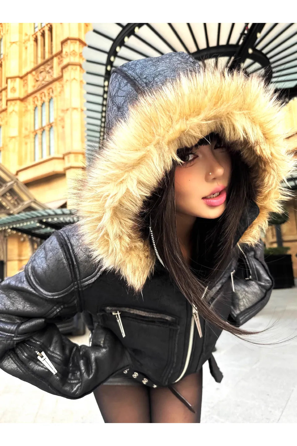 WØR Detachable Fur Collar Leather Jacket