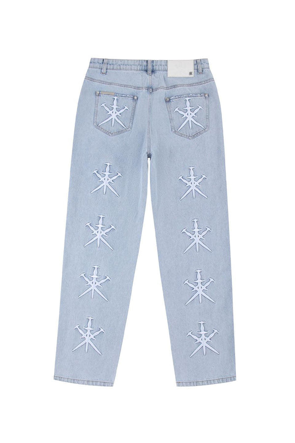Washed Blue Dagger Embroidery Baggy Denim