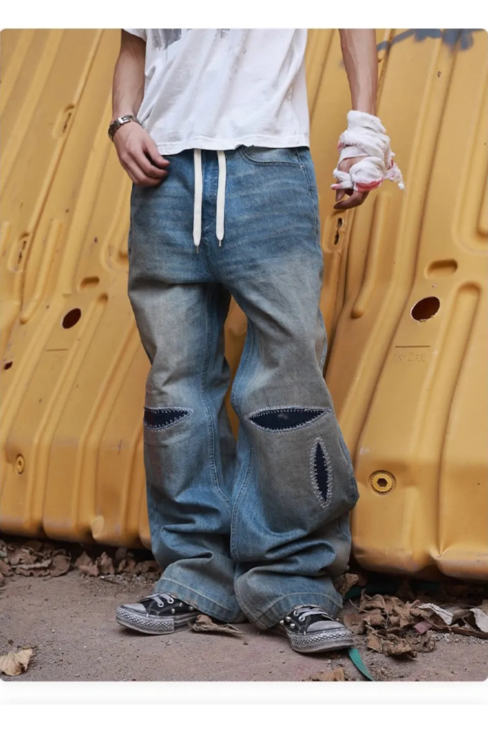 Washed Blue Straight Leg Wipe Dirty Jeans