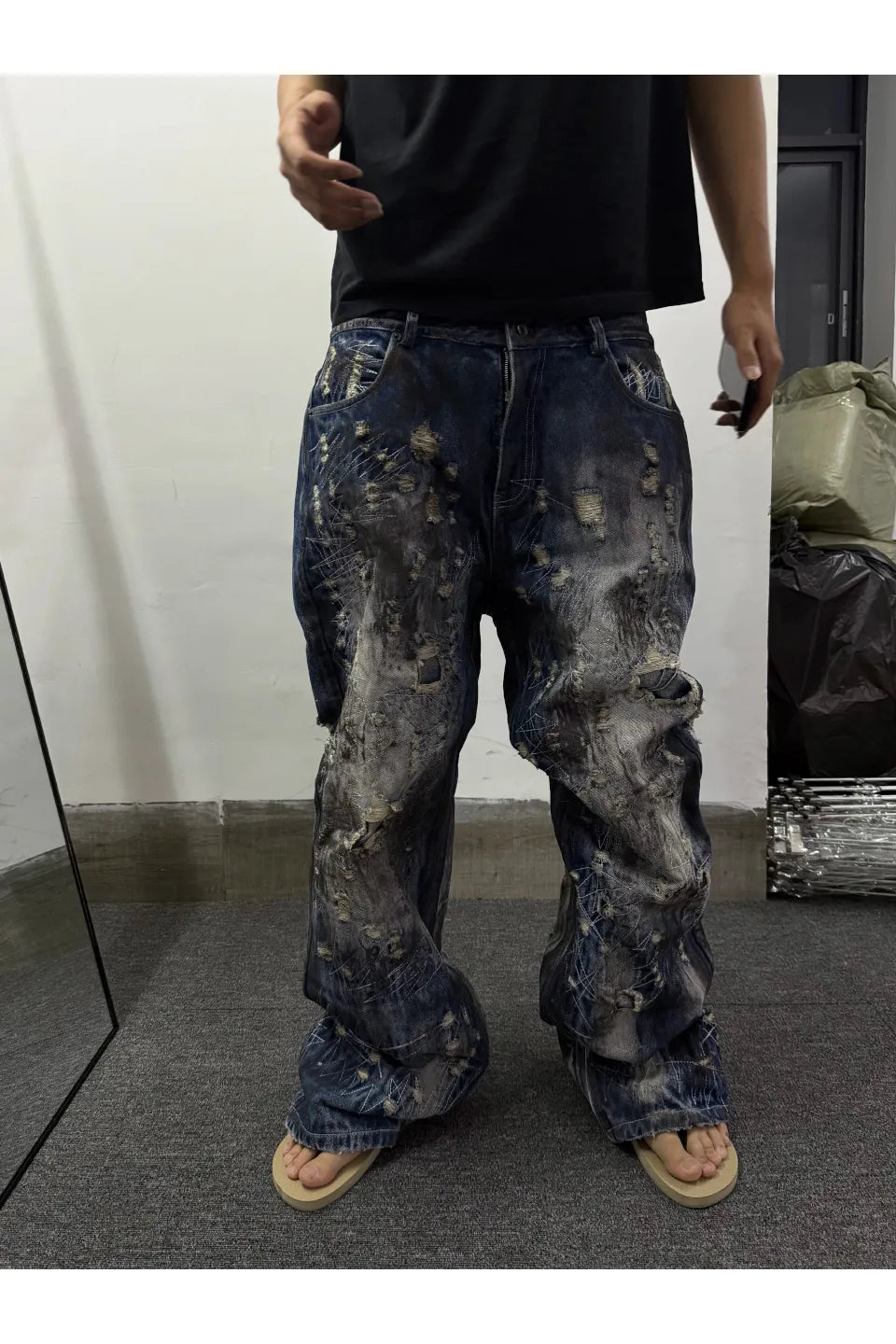 Washed Distressed Ripped Heavy Duty Jeans