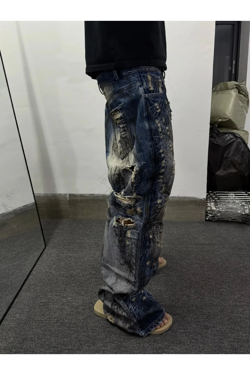 Washed Distressed Ripped Heavy Duty Jeans