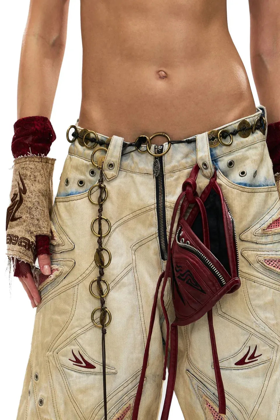 Washed Embroidered Denim Gloves