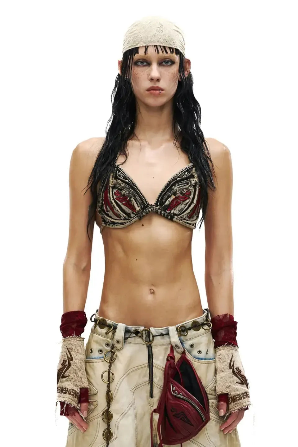 Washed Embroidered Denim Gloves