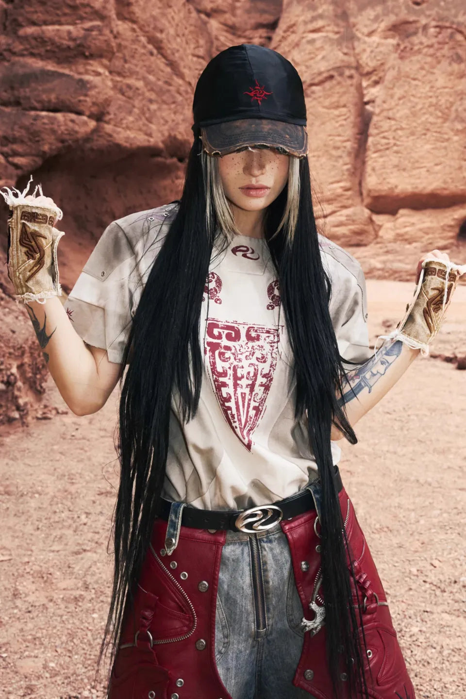 Washed Embroidered Denim Gloves