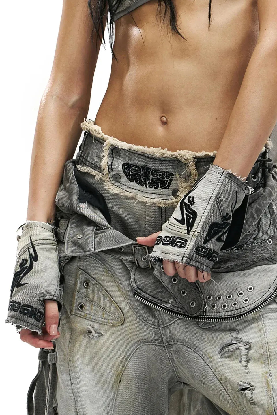 Washed Embroidered Denim Gloves