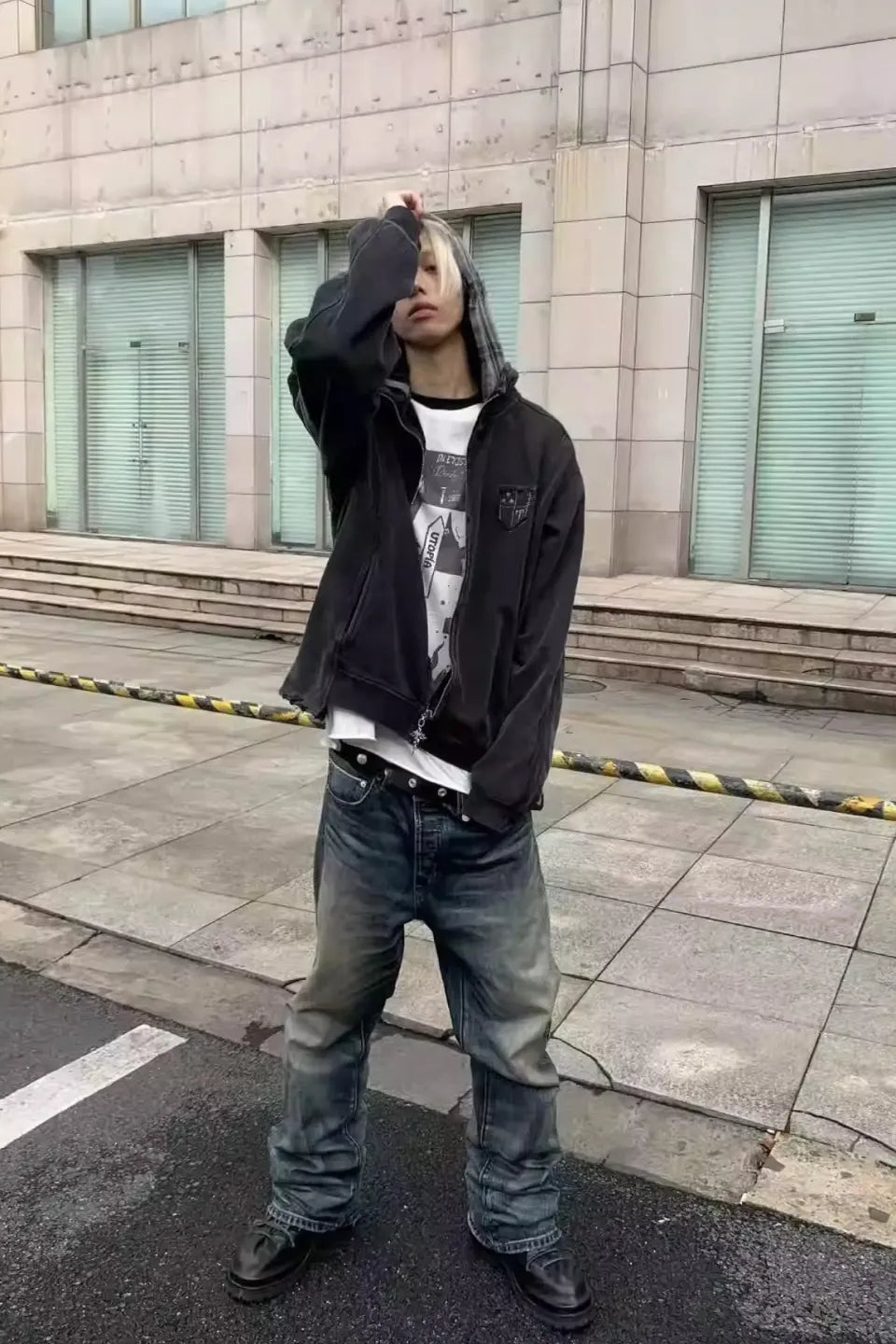 TH4SWE ザフォースウィ｜Washed Faux Two Plaid Pattern Piece Hooded