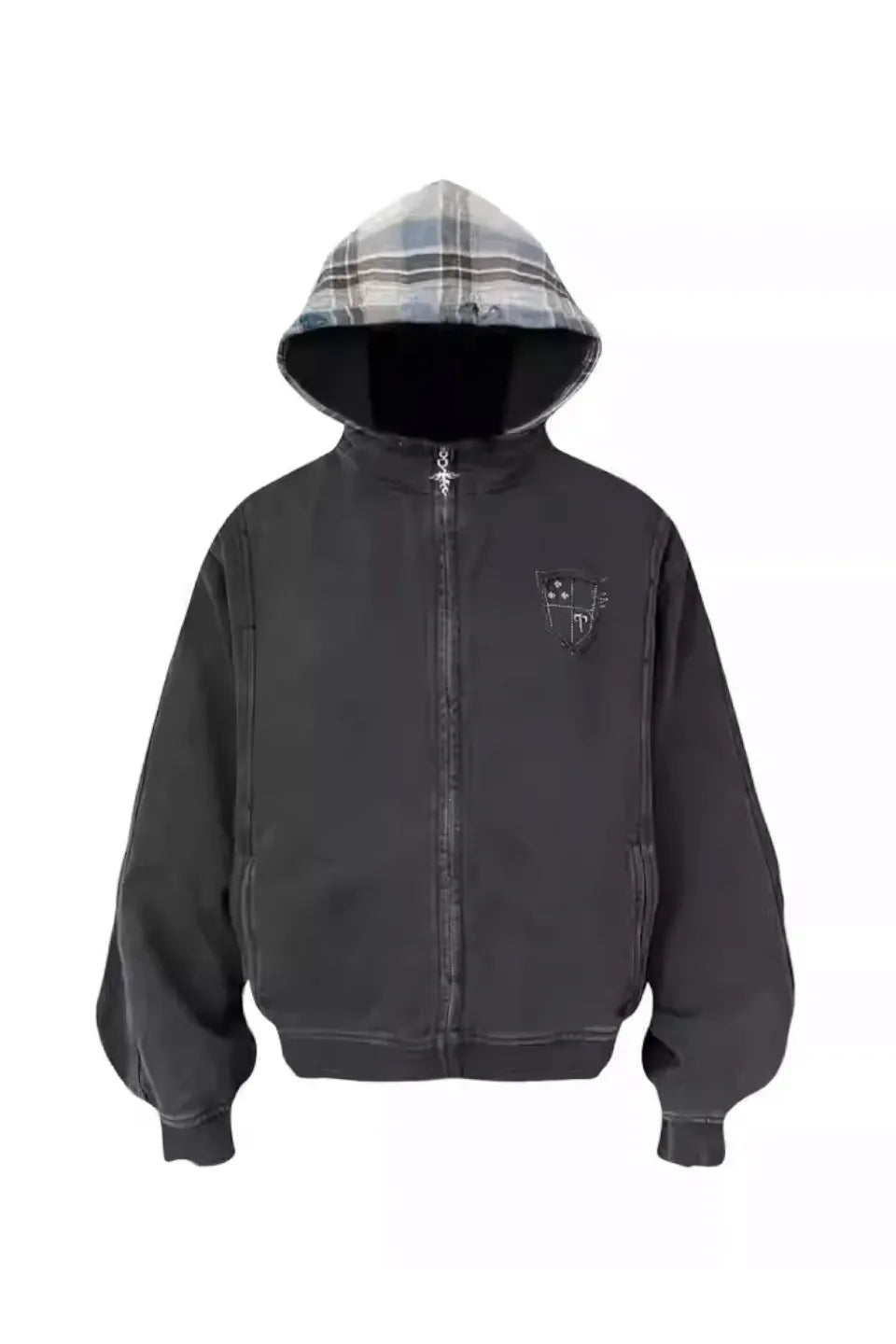 Washed Faux Two Plaid Pattern Piece Hooded Jacket