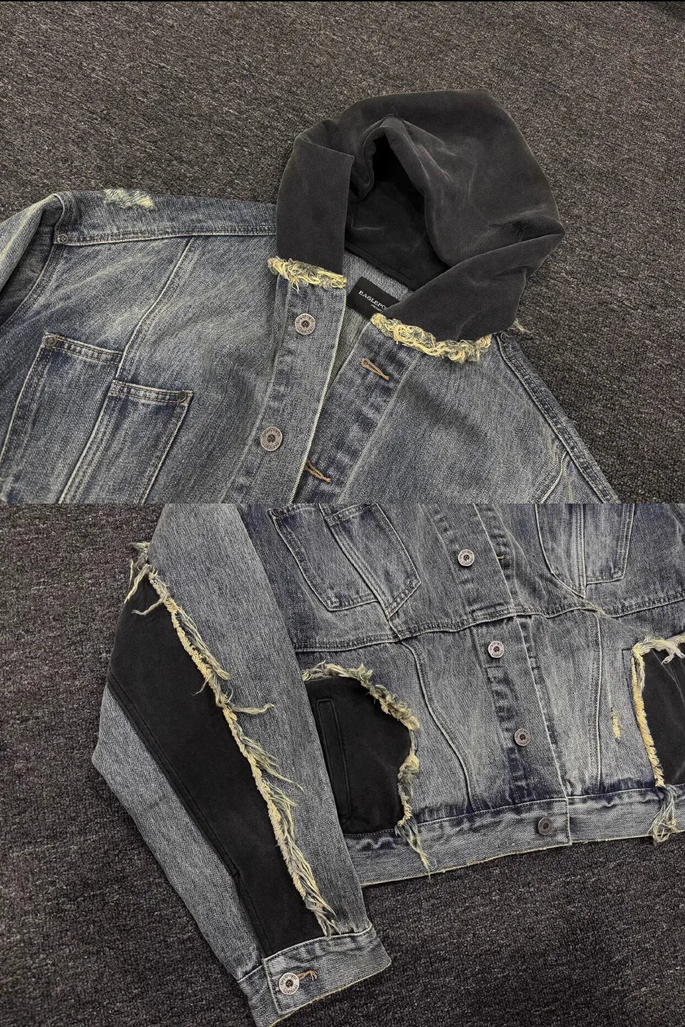 Washed Spoiled Panelled Denim Hoody Faux Two Coat