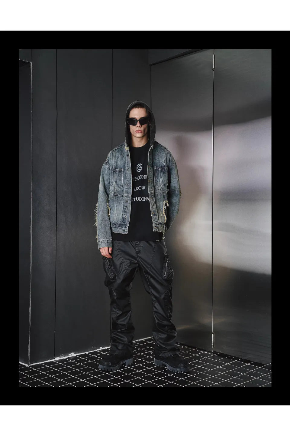 Washed Spoiled Panelled Denim Hoody Faux Two Coat
