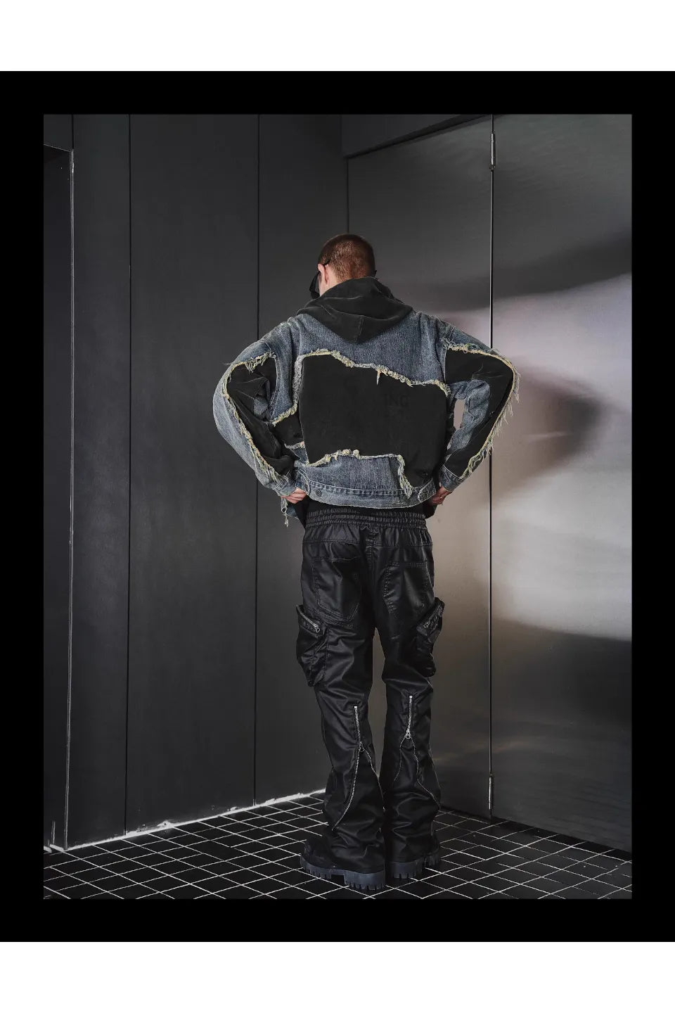 Washed Spoiled Panelled Denim Hoody Faux Two Coat