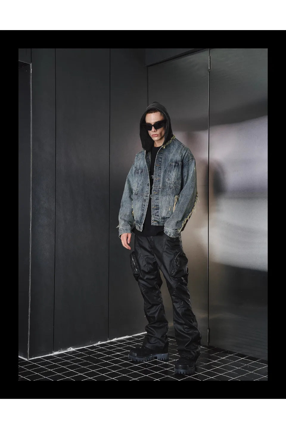 Washed Spoiled Panelled Denim Hoody Faux Two Coat