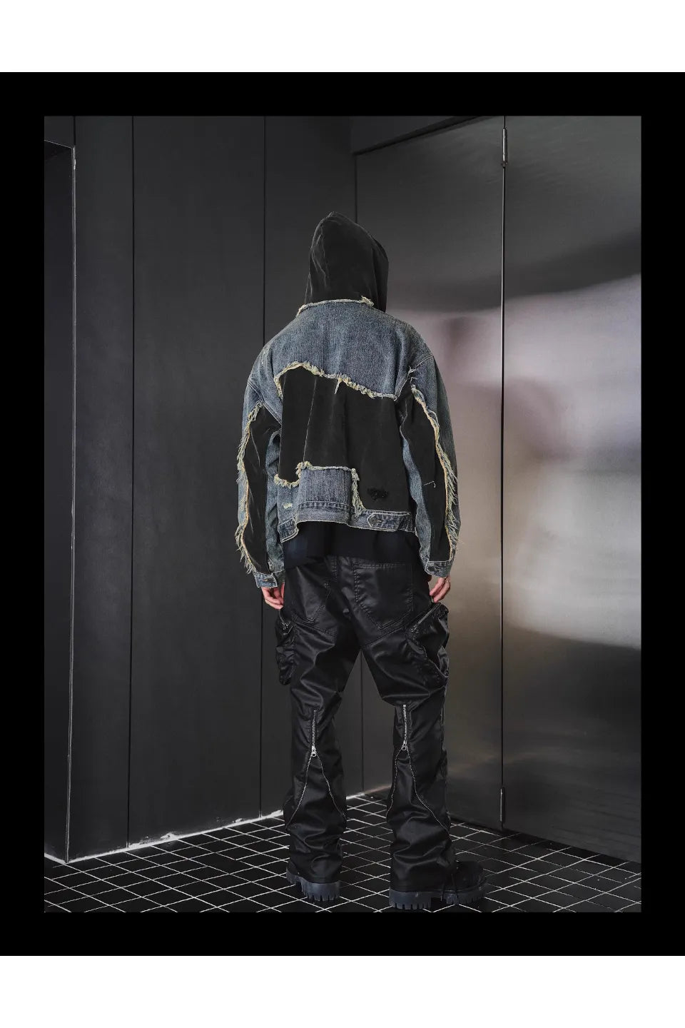 Washed Spoiled Panelled Denim Hoody Faux Two Coat
