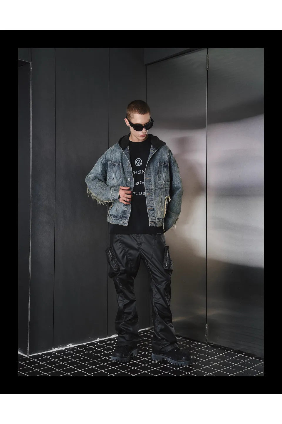 Washed Spoiled Panelled Denim Hoody Faux Two Coat