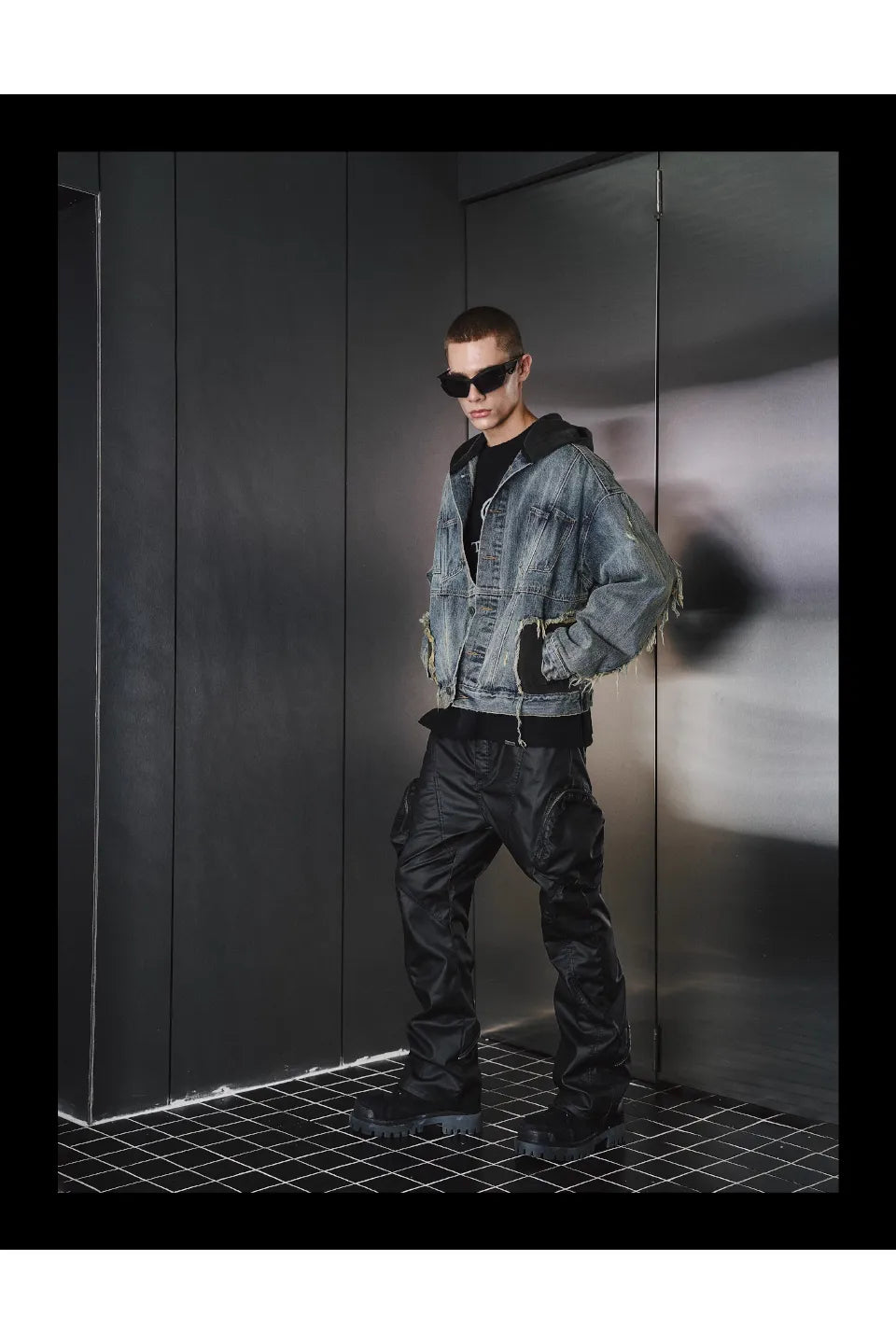 Washed Spoiled Panelled Denim Hoody Faux Two Coat