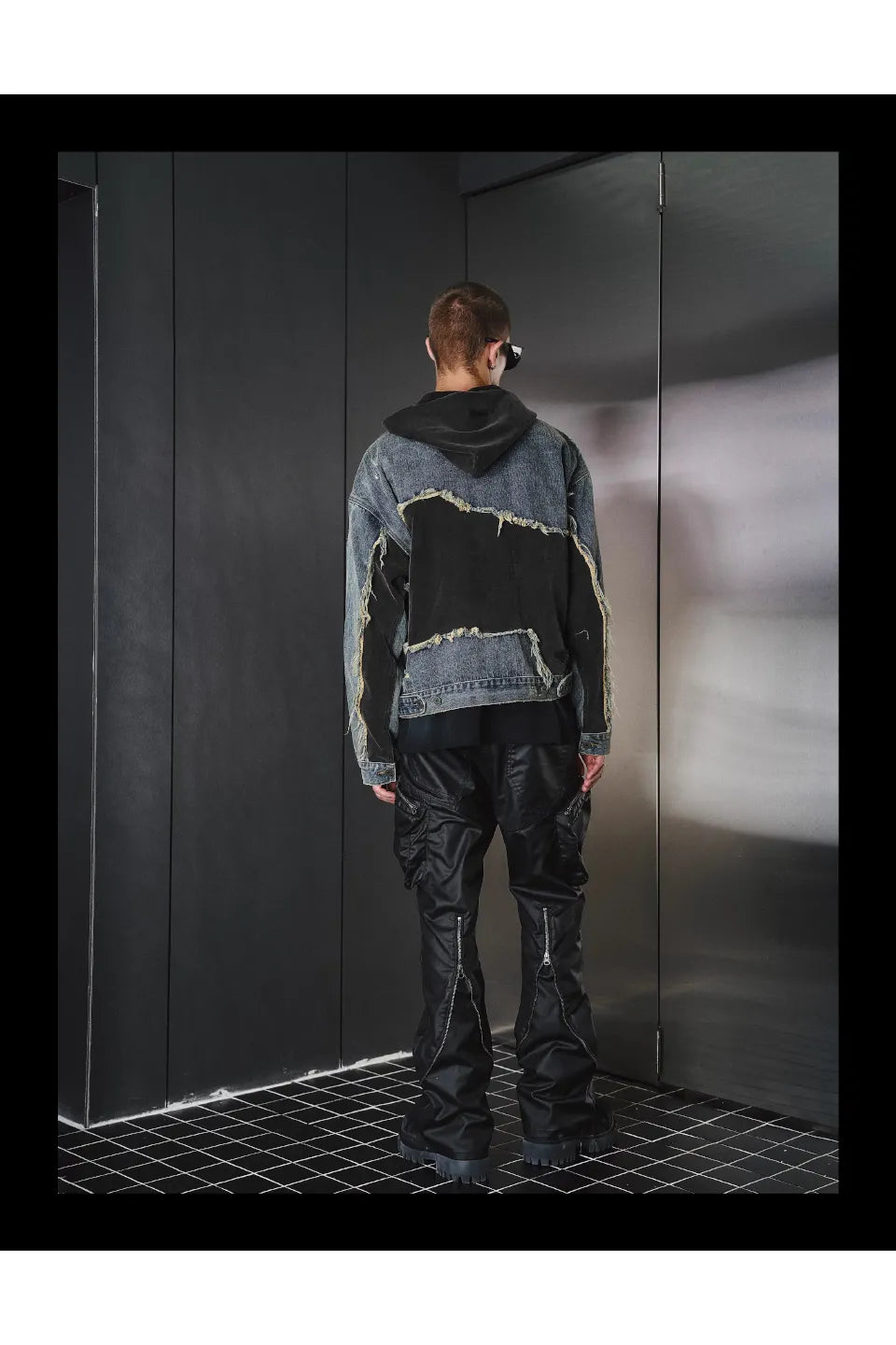 Washed Spoiled Panelled Denim Hoody Faux Two Coat