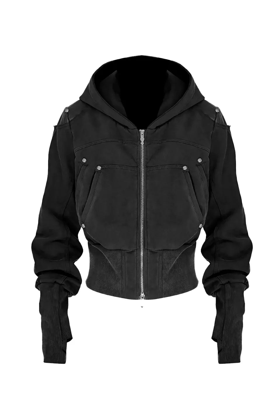 Washed Leatherette Armor Shoulder Zip Hoodie