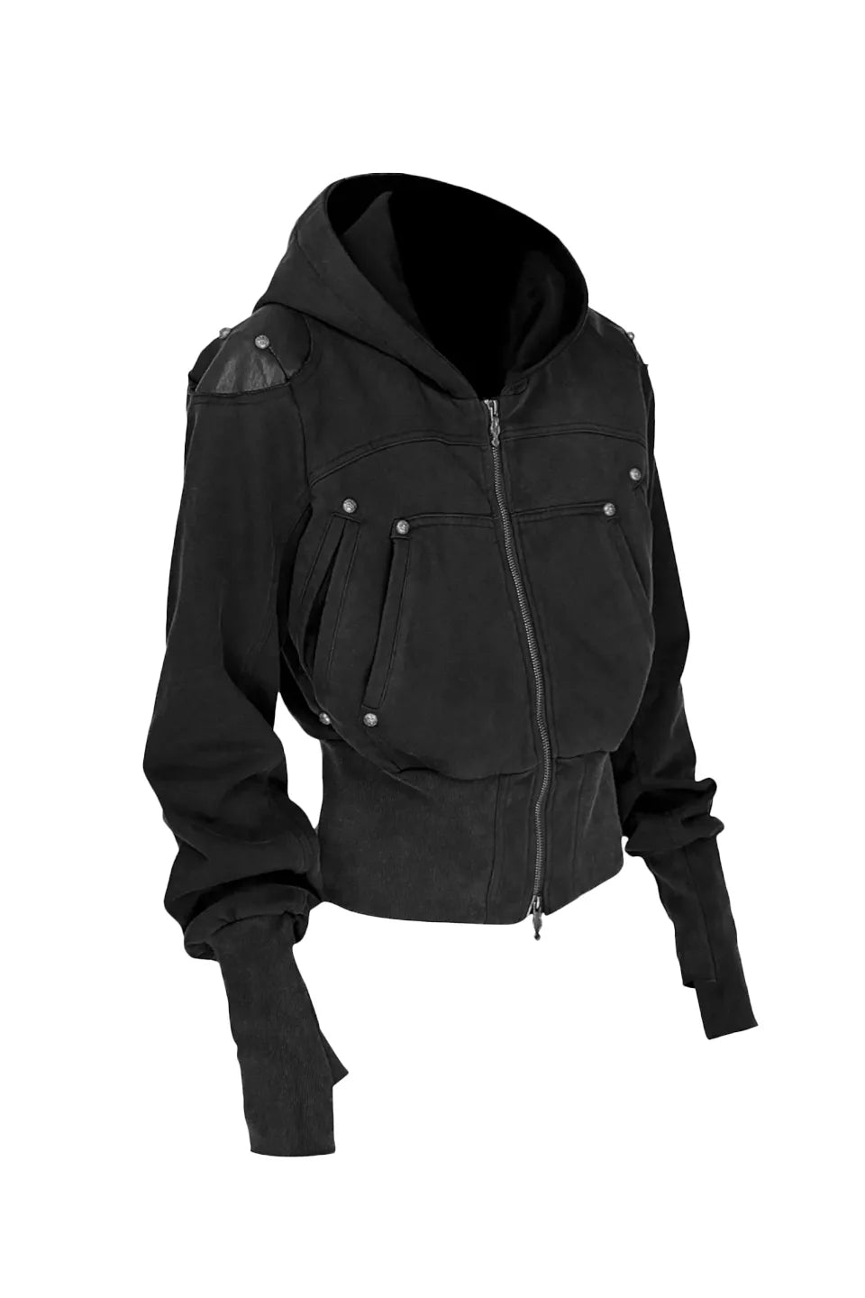 Washed Leatherette Armor Shoulder Zip Hoodie
