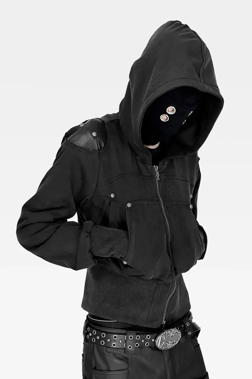 Washed Leatherette Armor Shoulder Zip Hoodie