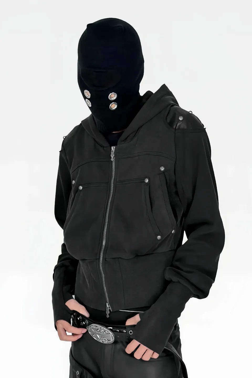 Washed Leatherette Armor Shoulder Zip Hoodie