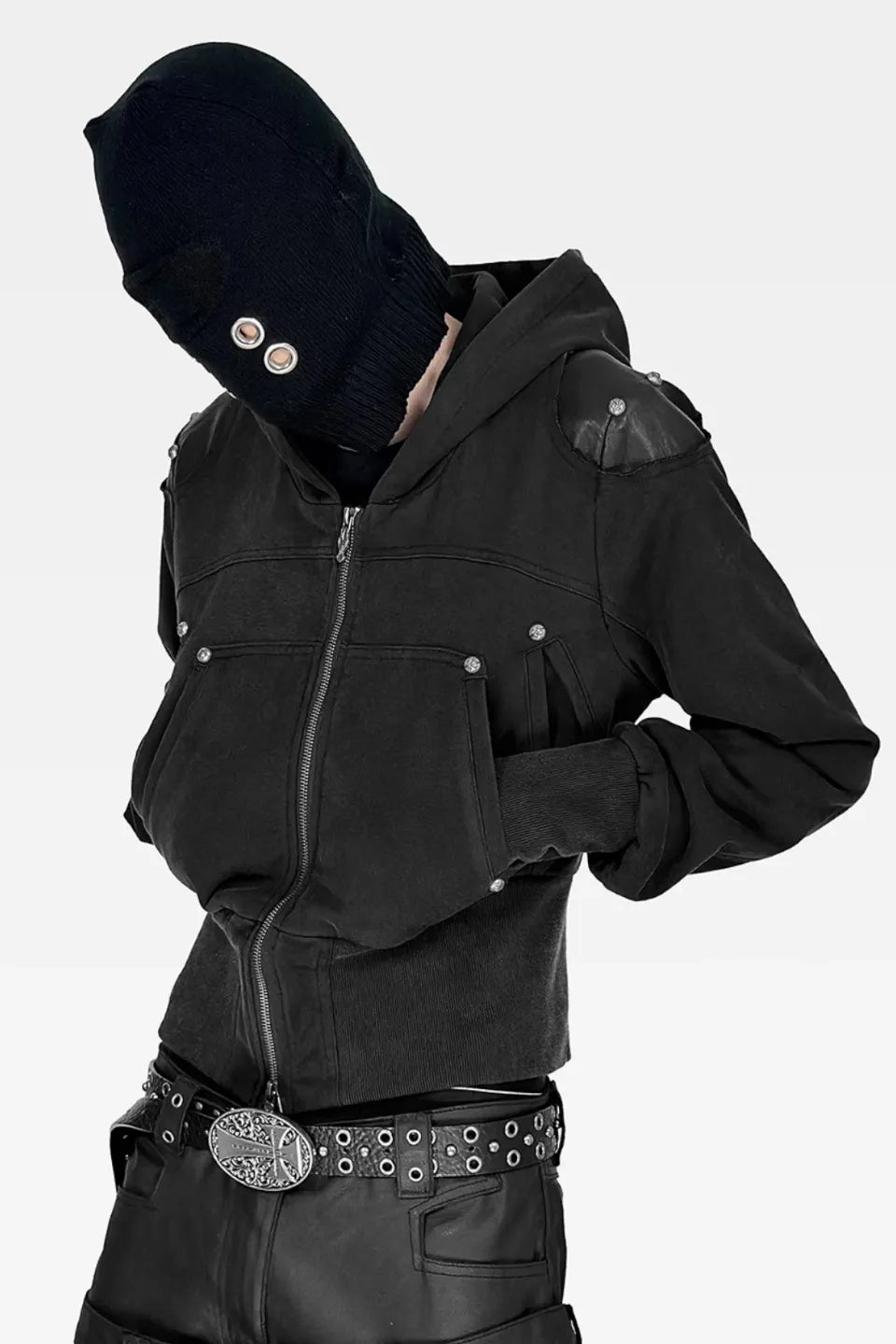 Washed Leatherette Armor Shoulder Zip Hoodie