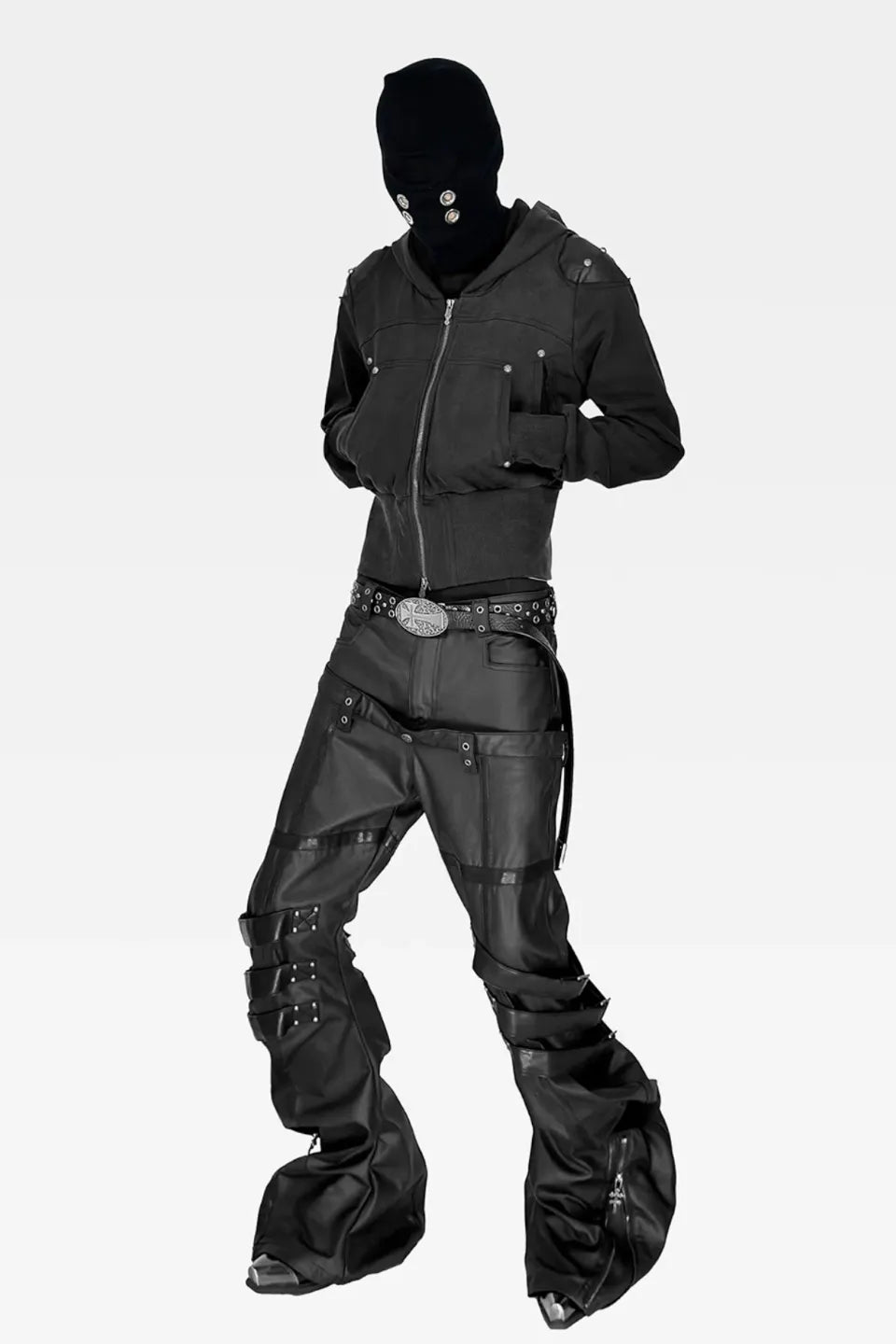 Washed Leatherette Armor Shoulder Zip Hoodie