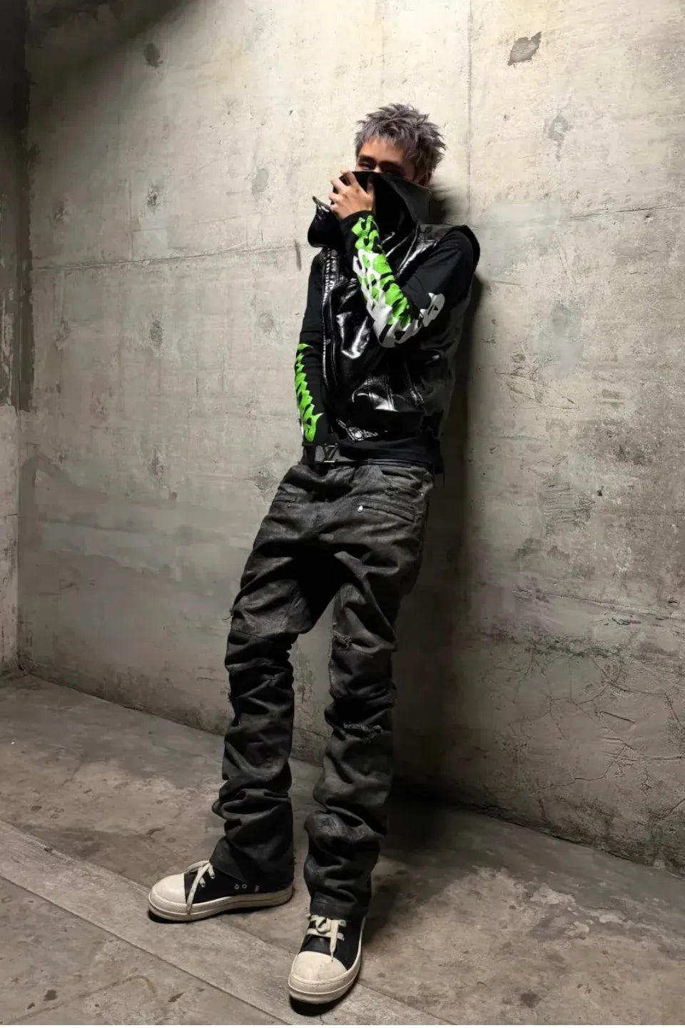 Wax Coated Camo Distressed Jeans
